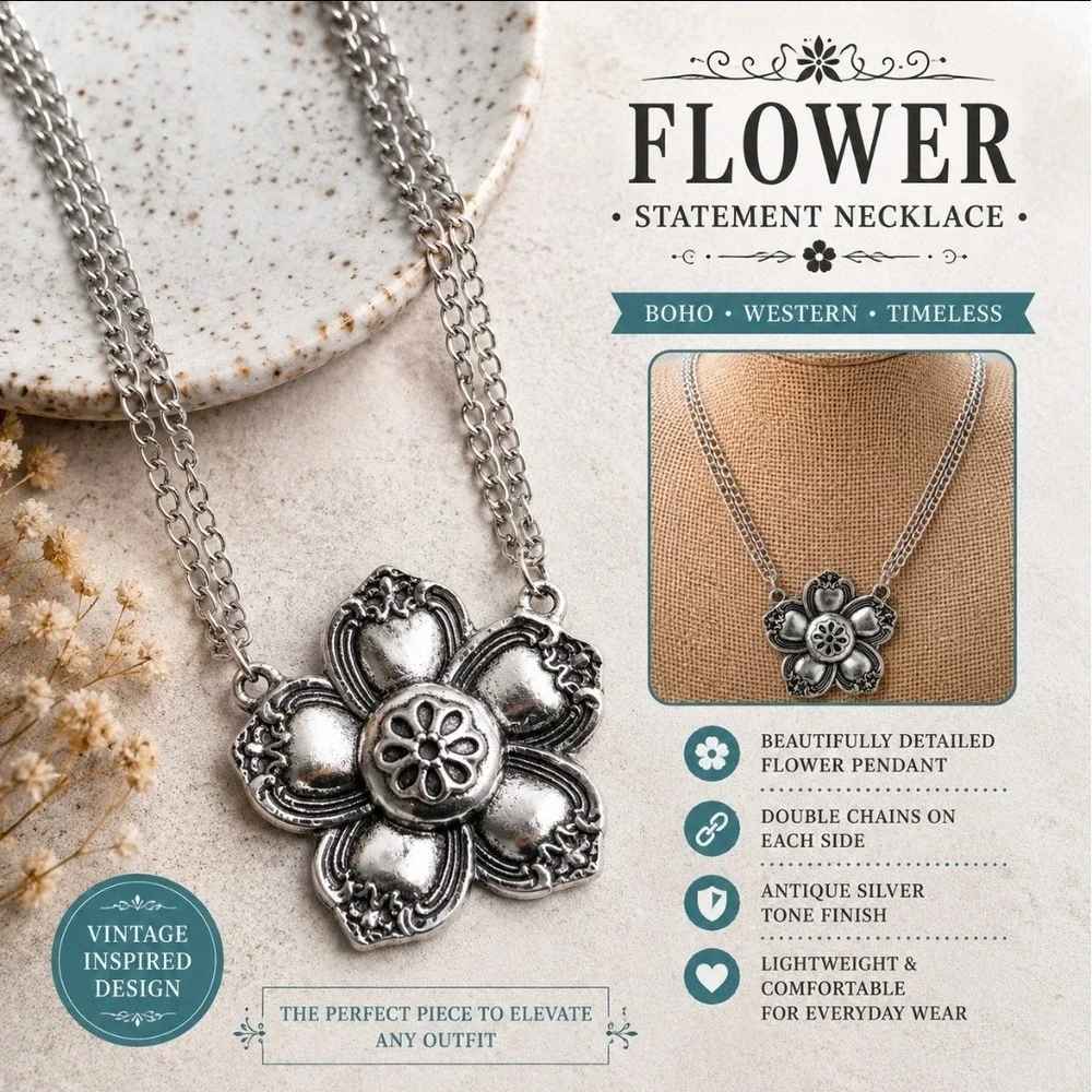 Silver Tone Flower Pendant Necklace | Double Chain Western Boho Necklace